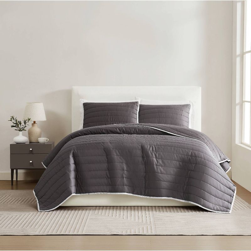 Dark Grey Full Cotton Sateen Quilt Set with Polyfill