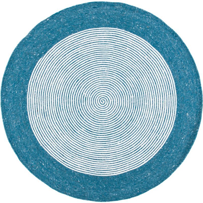 Ivory and Teal Round Braided Wool Area Rug