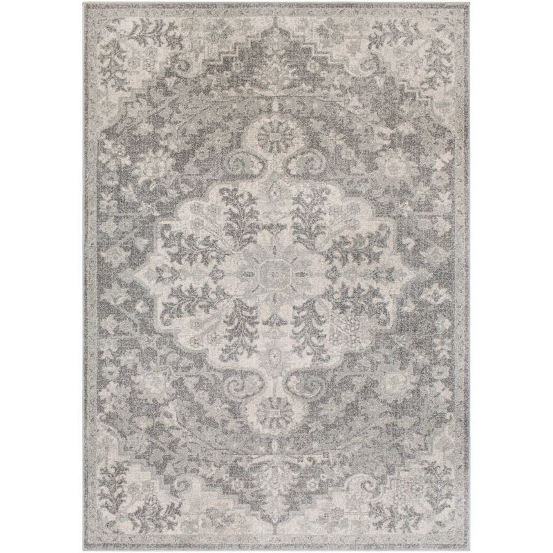 Gray Floral Motif Low Pile Synthetic Area Rug
