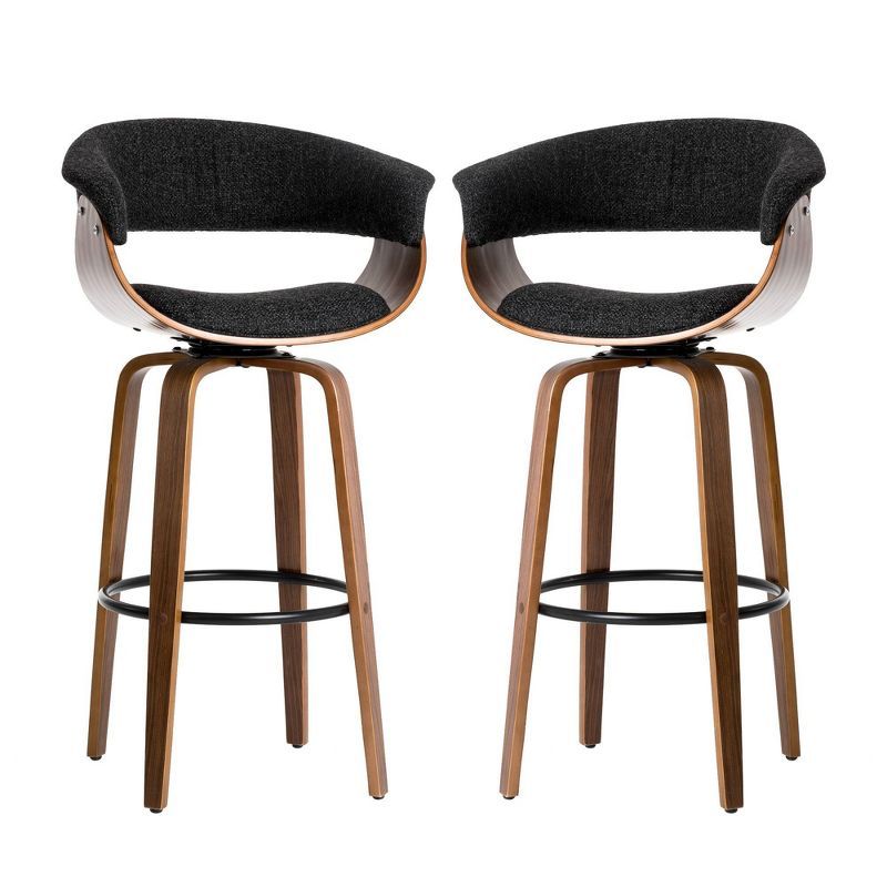 Mid-Century Modern Dark Blue Fabric Walnut Swivel Barstools, Set of 2