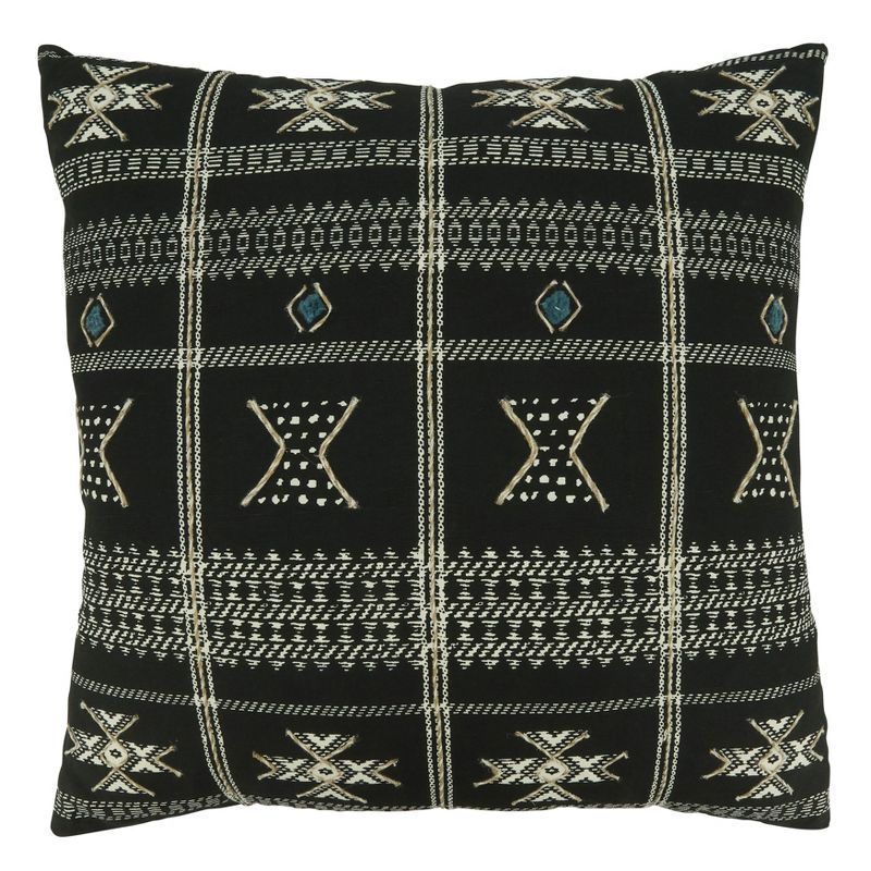 Black and Beige Embroidered Mudcloth Square Throw Pillow