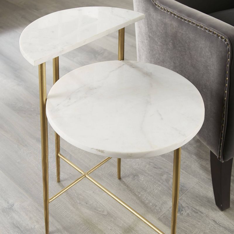 Patna White Marble Top Round Accent Table with Brass Base and Storage