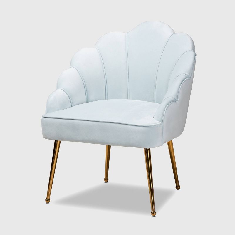 Seashell-Inspired Light Blue Velvet & Gold Accent Chair