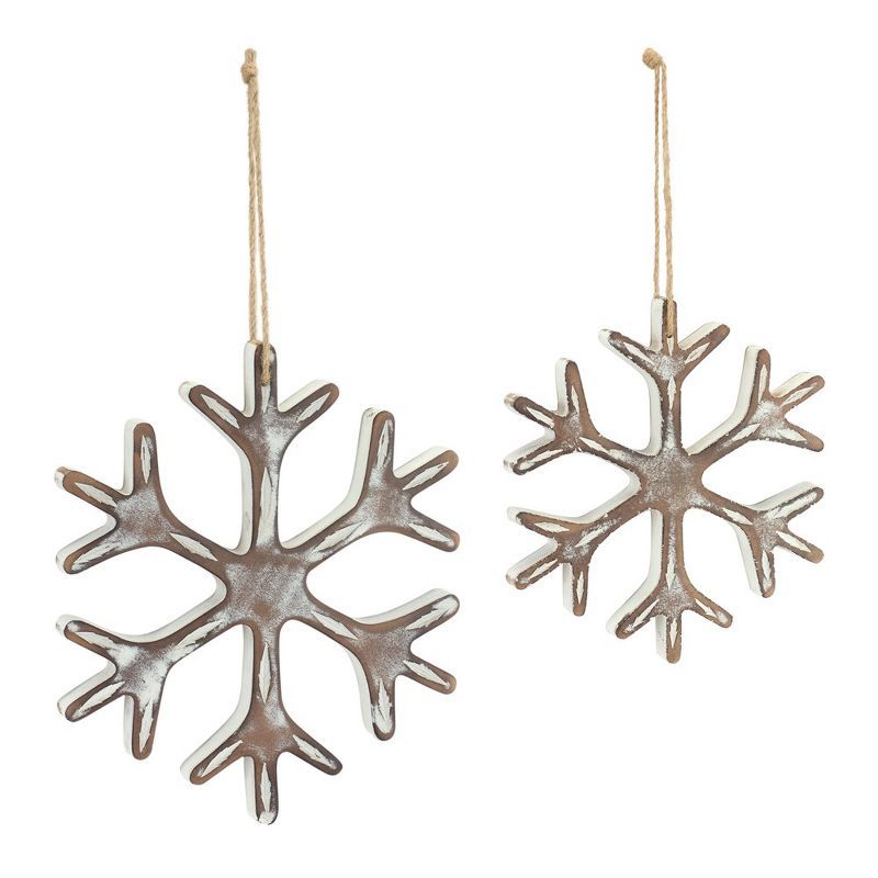 Rustic Brown and White Wooden Snowflake Ornament Set