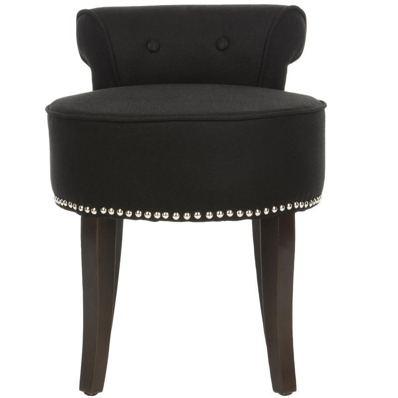 Petite Black Linen Birchwood Vanity Stool with Silver Nailhead Trim