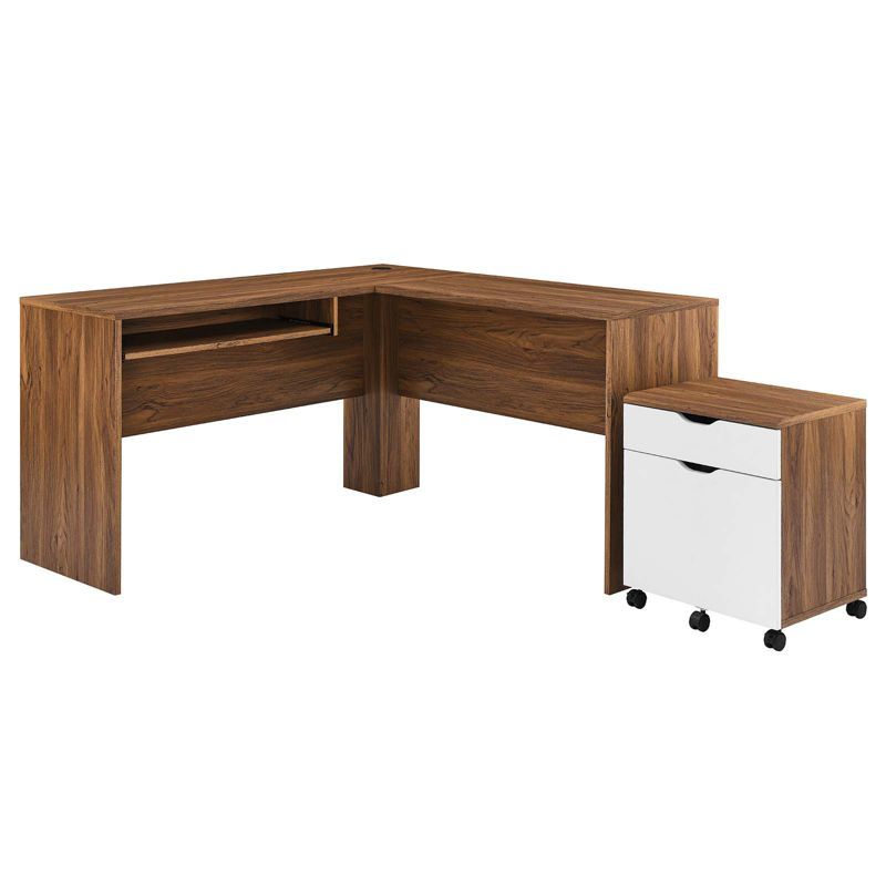 Walnut and White L-Shaped Desk with File Cabinet