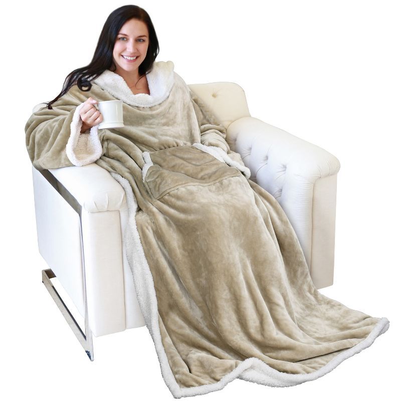 Camel Sherpa Fleece Wearable Blanket with Sleeves