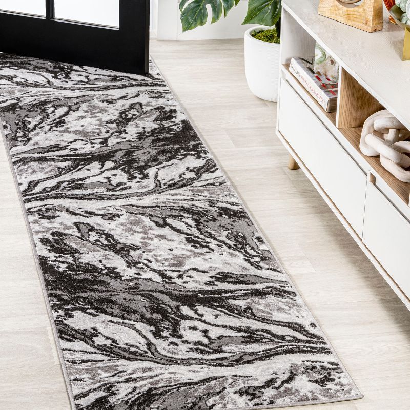 Black and Ivory Abstract Marbled Runner Rug