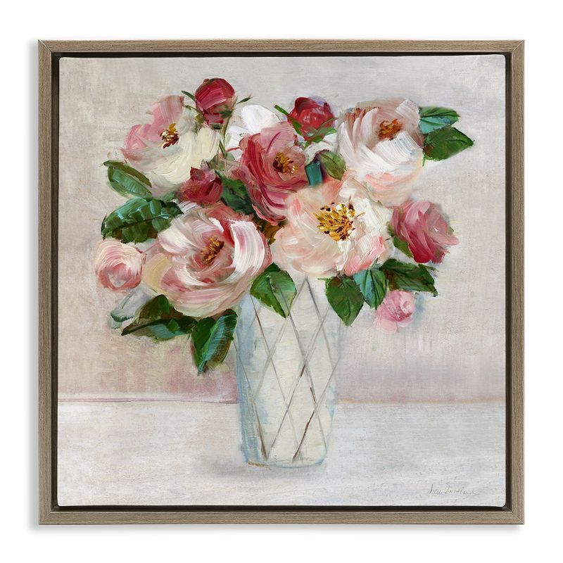 Pink and Red Rose Bouquet Canvas Print with Brown Frame