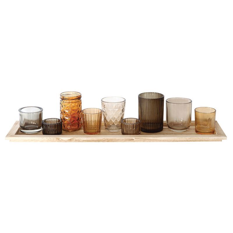 Brown Wood Tray with 9 Glass Votive Holders