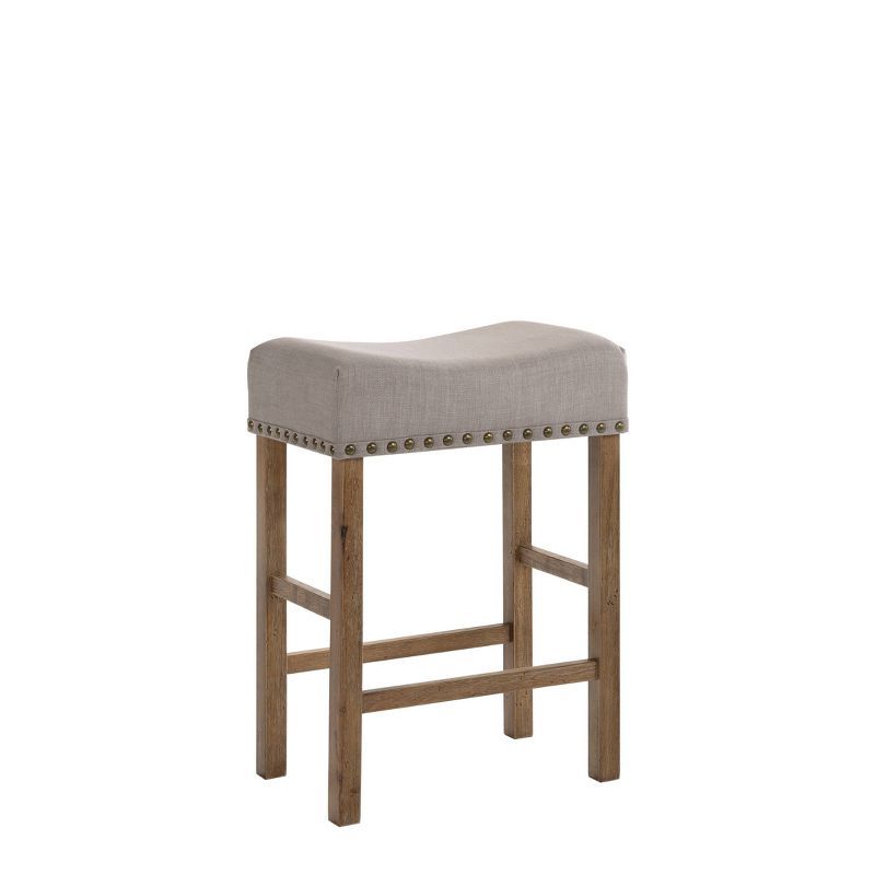 Tan Linen and Weathered Oak Backless Saddle Counter Stool