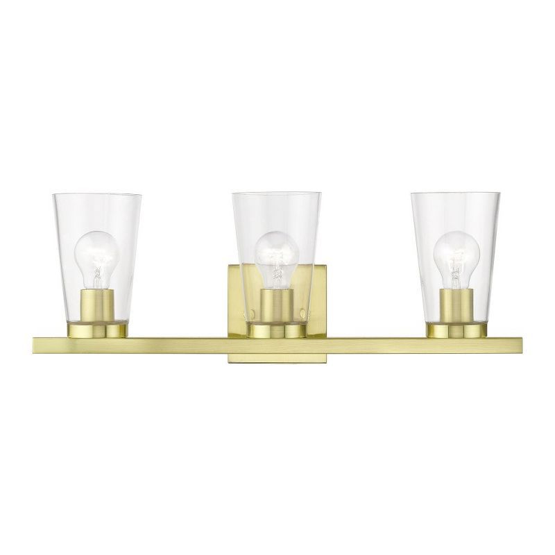 Sleek Cityview Satin Brass 3-Light Vanity with Clear Glass Shades