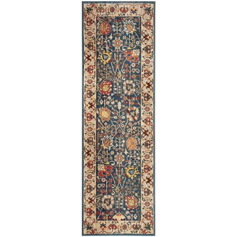 Blue and Tan Floral Synthetic Runner Rug, 2'6" x 8'