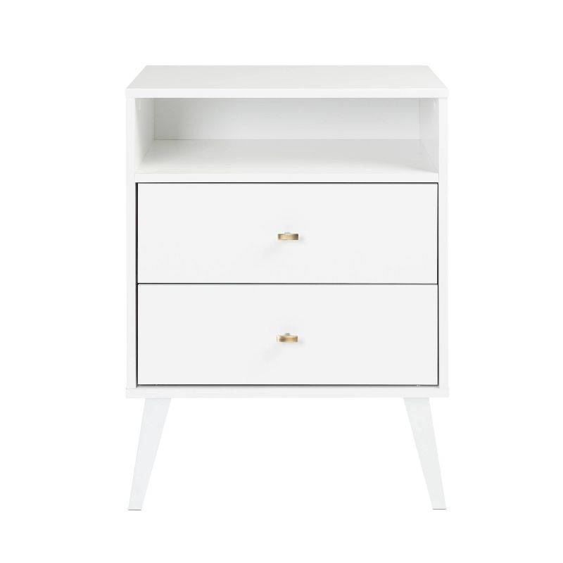 White Mid Century Modern 2 Drawer Nightstand with Shelf