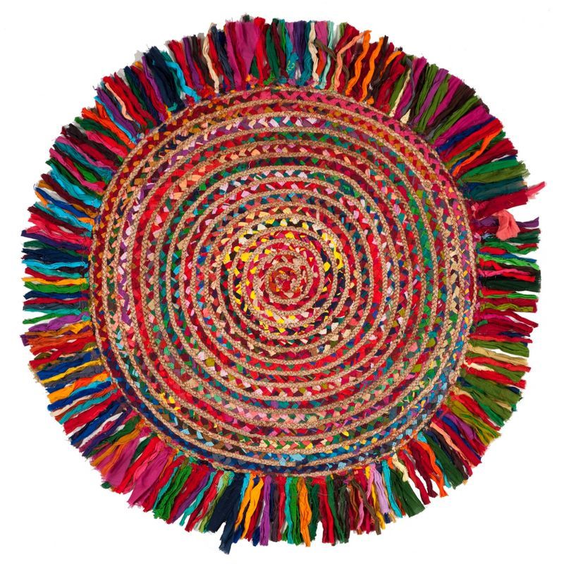 Handmade Multicolor Round Cotton and Wool Area Rug, 8' Diameter