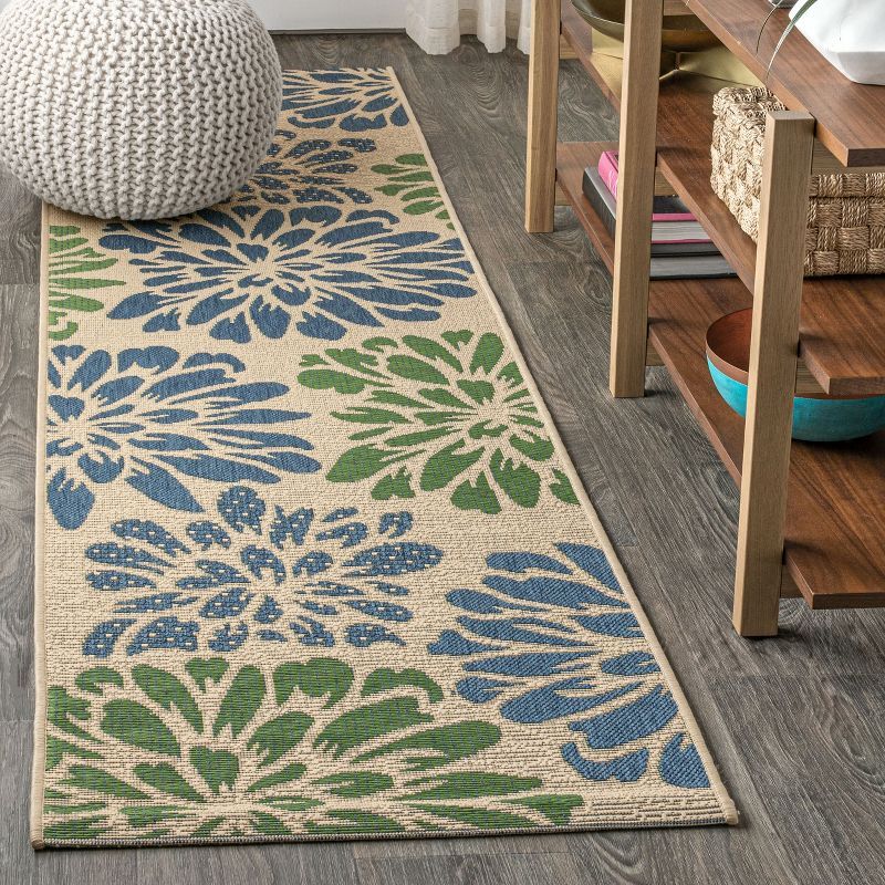Navy & Green Zinnia Floral Textured Weave 2'x8' Indoor/Outdoor Rug