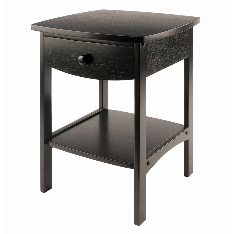 Transitional Square Black Nightstand with Storage Drawer and Open Shelf