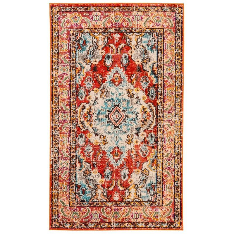 Orange and Light Blue Medallion Synthetic Small Rug