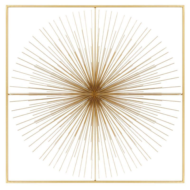 Gold Metal Starburst Large 3D Wall Sculpture with Square Frame