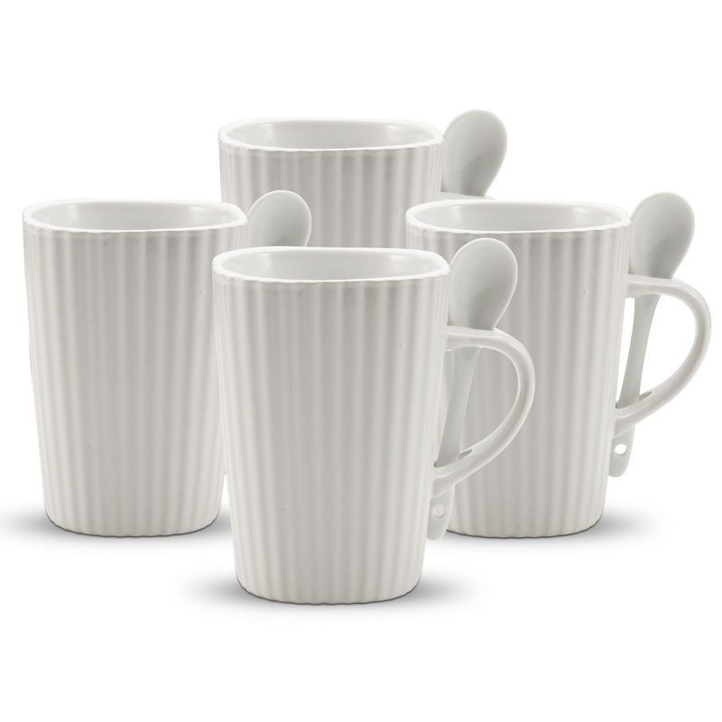 White Ribbed Ceramic Mug and Spoon Set, 14 oz, Set of 4