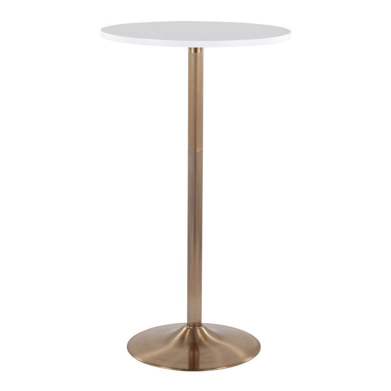 Contemporary Mid-Century Adjustable Round Wood & Gold Bar Table
