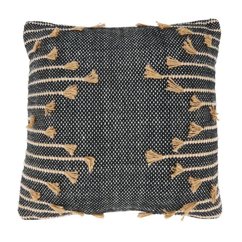 Black and Beige Zig Zag Tassel Square Throw Pillow