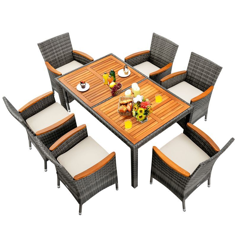 Gray 7-Piece Patio Rattan Dining Set with Acacia Wood Table