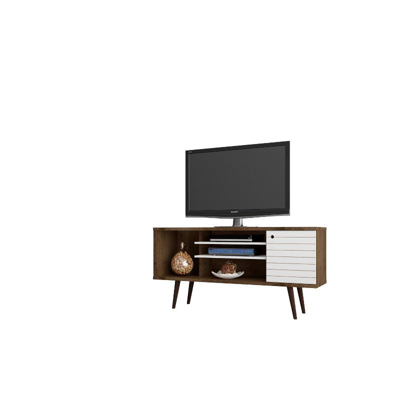 Rustic Brown and White Mid-Century Modern TV Stand with Cabinet