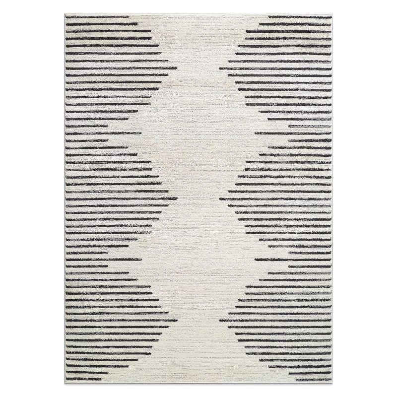 Cream and Black Geometric Stripe Synthetic Area Rug 7'10" x 10'