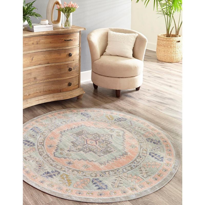 Powder Pink/Ivory Round Medallion Easy Care Kids Rug 3' 3"
