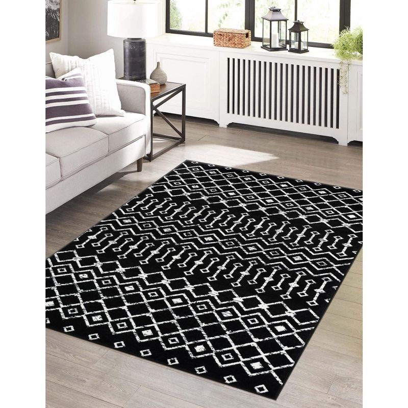 Rectangular Black Trellis Synthetic Easy-Care Stain-Resistant Rug