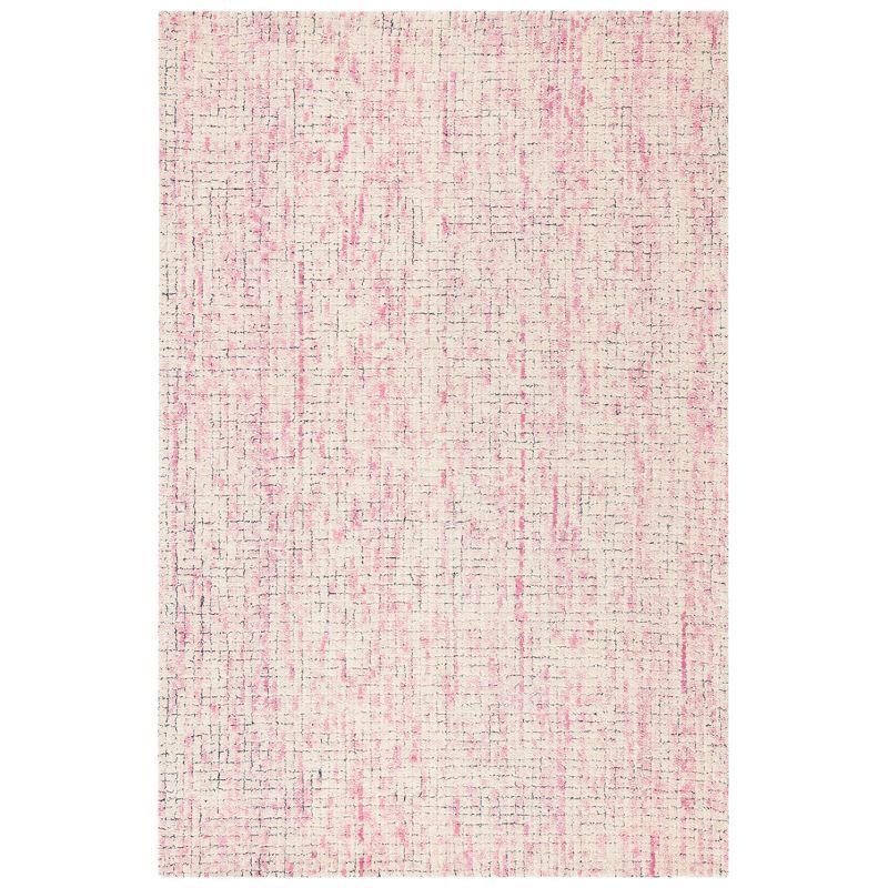 Ivory and Pink Abstract Handmade Wool Area Rug 5' x 8'