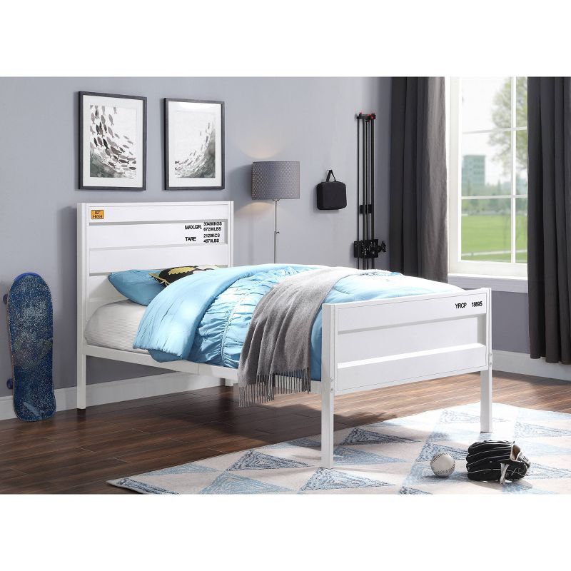 Contemporary Cargo Full Bed with Metal Frame and Wood Headboard in White