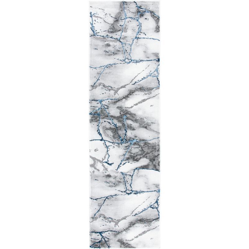 Gray and Blue Abstract Hand-Knotted Runner Rug