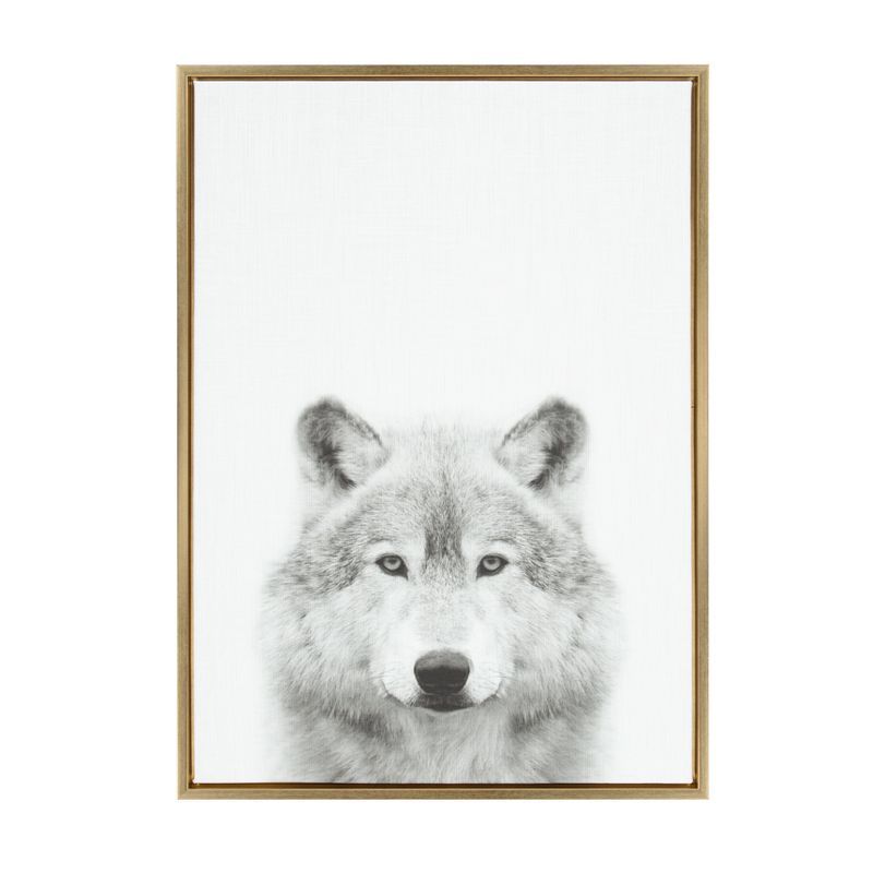 Gold Framed Black and White Wolf Canvas Print, 33" x 23"