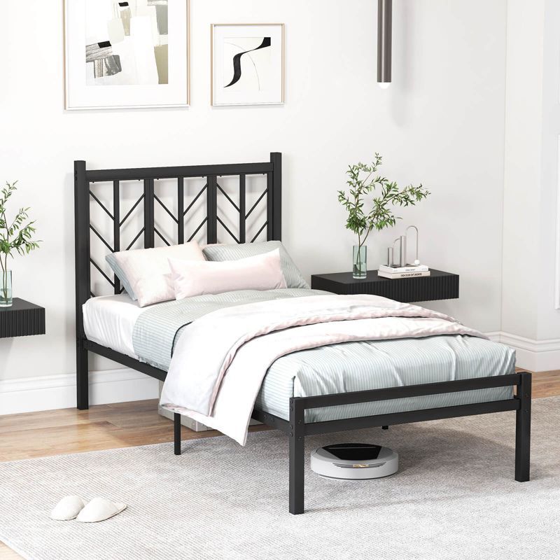 Black Twin Metal Platform Bed with Branch Headboard and Storage