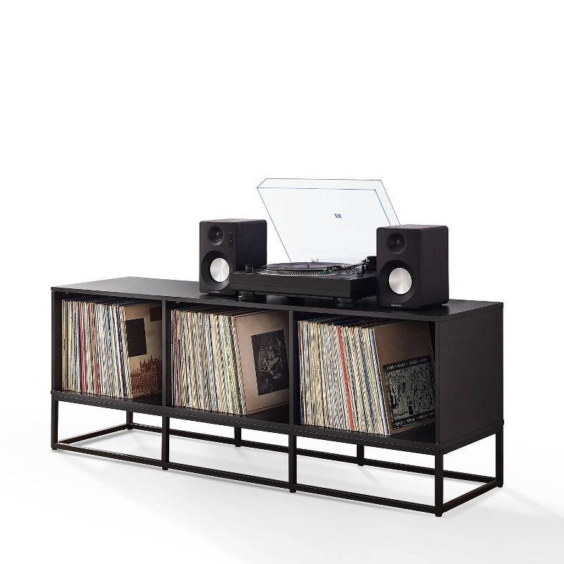 Black Steel Minimalist Media Console with Vinyl Storage