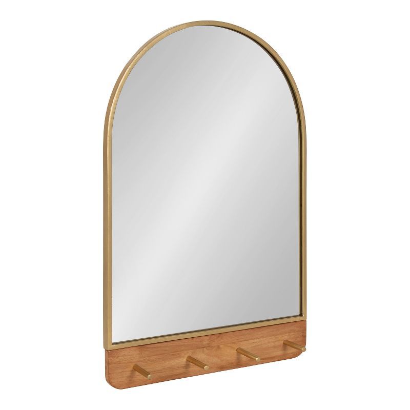 Schuyler Arched 20x31 Natural Wood & Gold Wall Mirror with Hooks