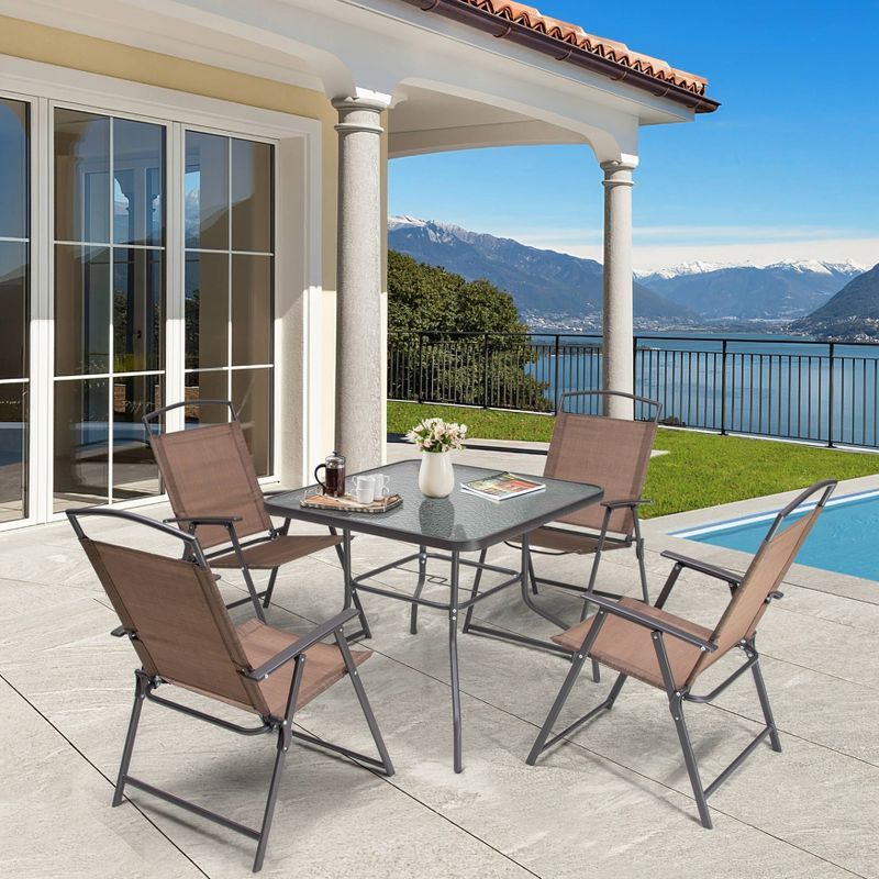 Brown Steel and Glass 5-Piece Patio Dining Set with Umbrella Hole