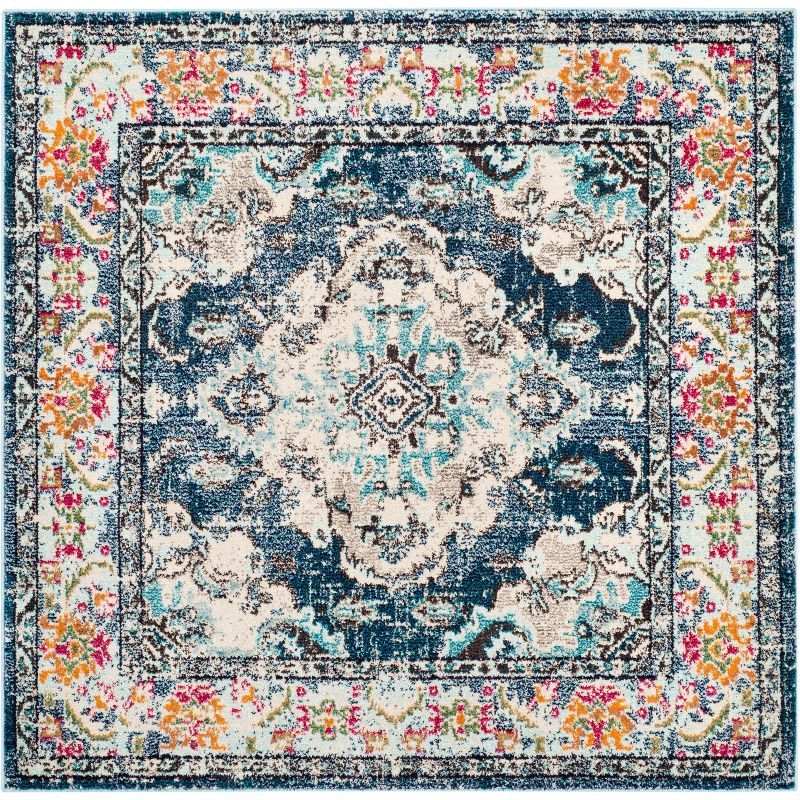 Navy and Light Blue Square Synthetic Area Rug