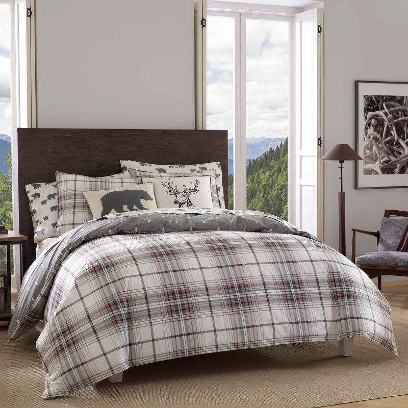 Full Gray Cotton Reversible Plaid Comforter Set