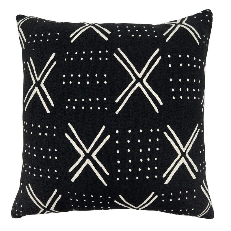 Black and White Cotton Mudcloth Square Throw Pillow, 22"