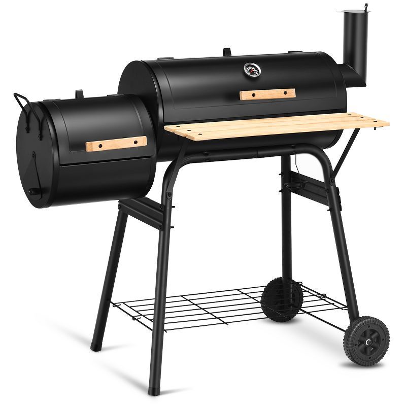 Black Steel Offset Charcoal Grill with Smoker and Wooden Shelf