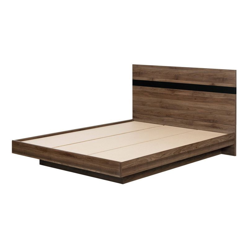 Queen Natural Walnut and Matte Black Floating Platform Bed