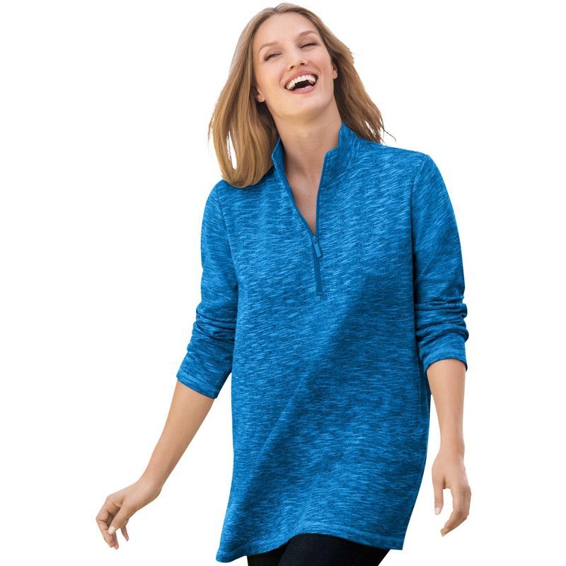 Bright Cobalt Marled Plus Size Cotton Blend Quarter-Zip Sweatshirt