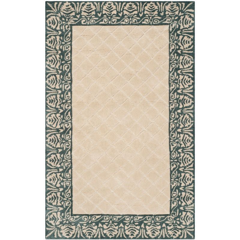 Ivory and Blue Hand-Hooked Wool Area Rug, 3' x 5'