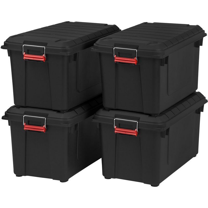 Heavy Duty Black Plastic Stackable Storage Totes with Lids, 82 Quart, Set of 4