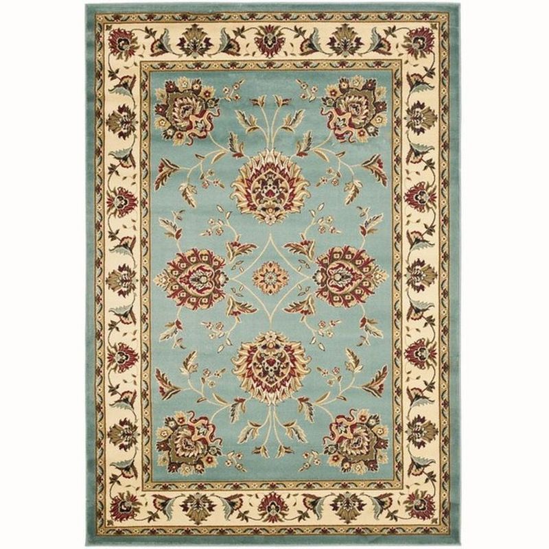 Blue and Ivory Floral Border Medium Pile Area Rug