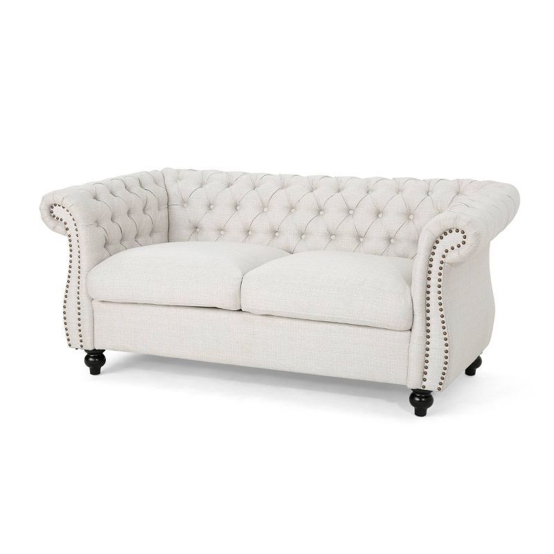 Beige Tufted Fabric Chesterfield Loveseat with Nailhead Trim