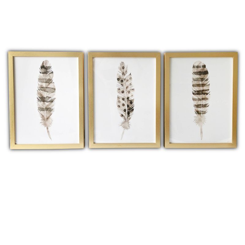 Set of 3 Gold-Framed Feather Prints on Canvas